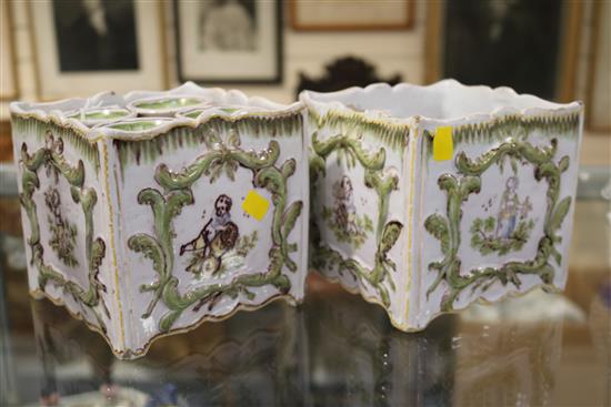 A pair of French faience bough pots and covers, 19th century, height 5in.